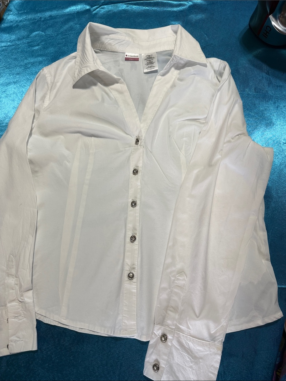 No Boundaries Women's White Button-Down Shirt with Decorative Buttons